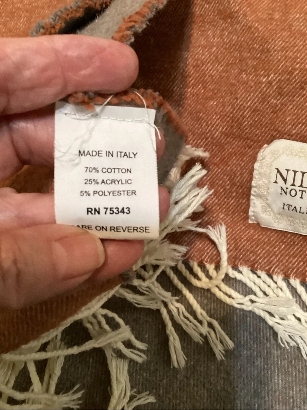Nido Notte Italian Soft Rust/Gray Fringe Throw Blanket 52”x52”